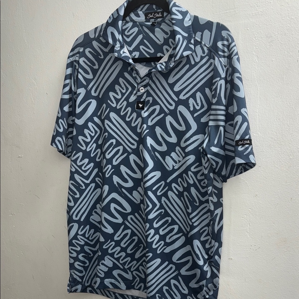 Bad Birdie Scribble Pattern Polo in Blue and Gray